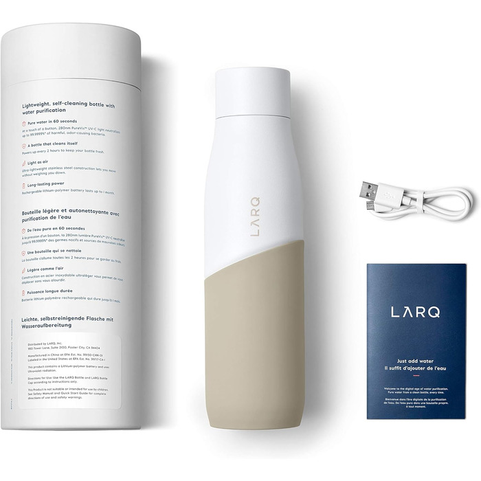 Пляшка для води LARQ Bottle Movement PureVis 710 мл — легка, самочистна, неізольована, з нержавіючої сталі, з UV-очищенням, багаторазова, для подорожей, біла/пісочна