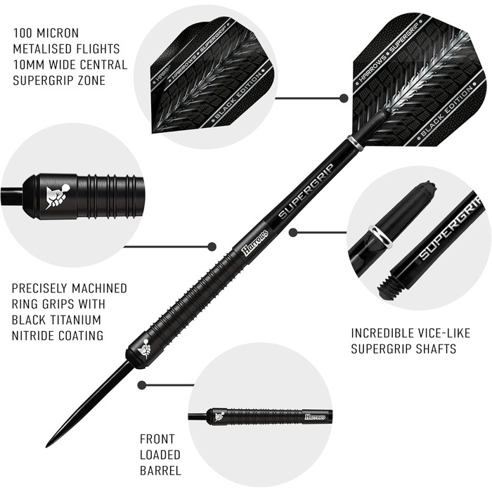 Дартс Harrows SUPERGRIP Black Edition 90% вольфрам, 21-30 г, з наконечником із сталі, комплект із супергріп-шахтами і крилами