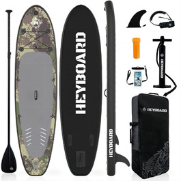 Надувна SUP-дошка HEYBOARD для веслування стоячи, комплект: насос, рюкзак, скловолоконне весло, страхувальний шнур, для водних видів спорту