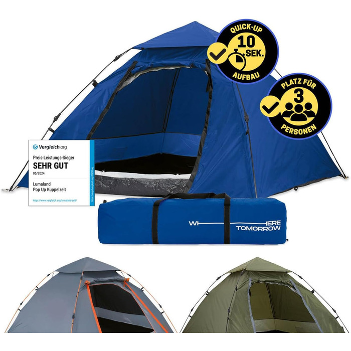Намет Lumaland Outdoor Kuppelzelt для кемпінгу та подорожей, 2-3 особи, 215x195x120 см, блакитний
