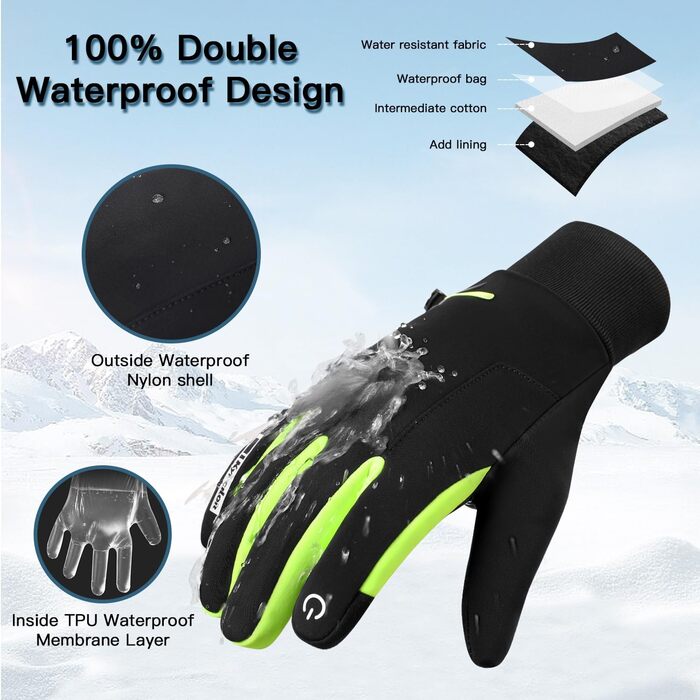 Водонепроникні зимові рукавички KynciLOR для чоловіків та жінок, рукавички для мотоцикла, гірськолижного спорту, бігу, з сенсорним екраном, неслизьке силіконове покриття, теплі рукавички, зелені