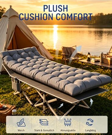 Ліжко туристичне розкладне Feldbett 7-зонне XXL 250 кг, 1200D Oxford, кут нахилу 15°, сіре – для кемпінгу, саду, палатки