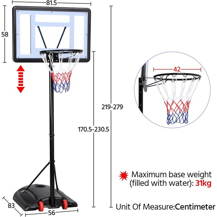 Стійка для баскетболу Yaheetech з роликами, регульована висота, для вулиці