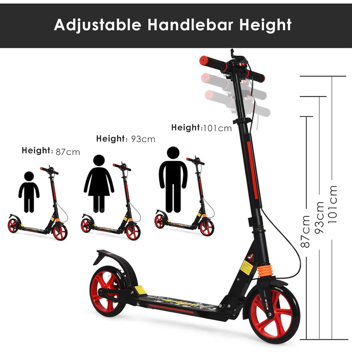 Скутер DREAMADE з алюмінію з колесами 200 мм PU, міський ролер з подвійною підвіскою та ременем, складаний та регульований за висотою для дорослих, підлітків та дітей від 8 років, чорний