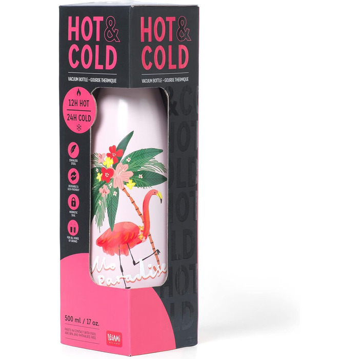 Термос Hot&Cold 500 мл, герметичний, легкий, знімна силіконова ручка, фламінго, Hello Paradise, без BPA та фталатів