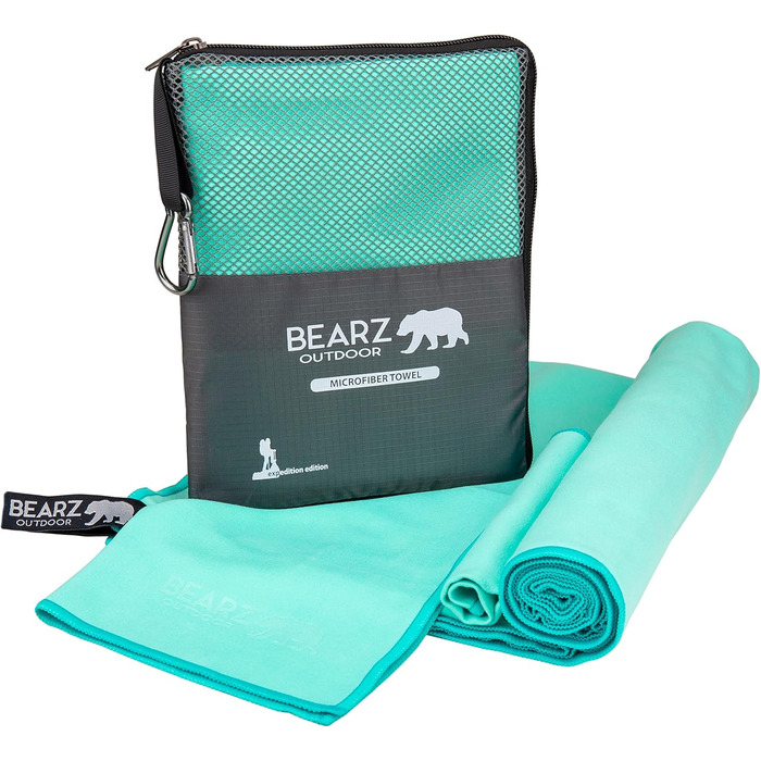 Набір рушників BEARZ Outdoor з мікрофібри (120x60см + рушник для обличчя) - легкі пляжні рушники, швидковисихаючі, для подорожей, спорту, кемпінгу, фітнесу, блакитний (м'ятний)