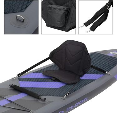 Надувна SUP-дошка ECD Germany 320x82x15 см з каяк-сидінням, комплект аксесуарів, чорна/блакитна/бірюзова/сіро-оранжева, ПВХ, алюмінієве весло, для серфінгу та веслування