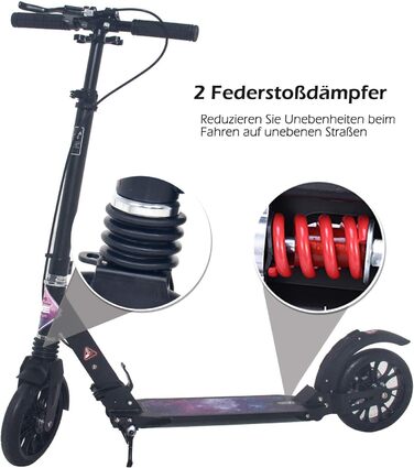 Скутер ISE Roller 200mm з великим колесом, подвійним гальмом та амортизацією. Розкладний міський скутер для дорослих та дітей, регульована висота до 100 кг, з ремінним ременем та ручним гальмом (дизайн 'Зоряне небо')