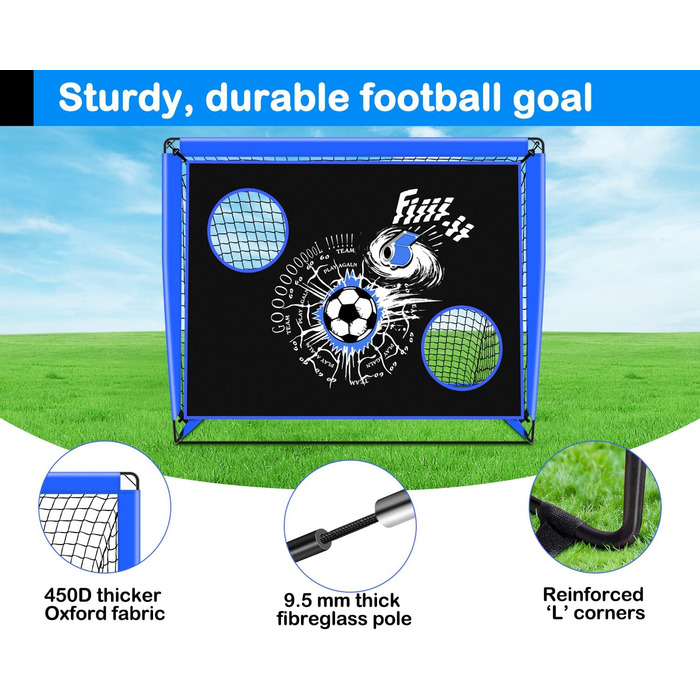 Дитячі ворота для футболу, 2-в-1 Pop-Up ворота, розкладні для саду, з сумкою та 4 кілочками (150x120 см, блакитні)