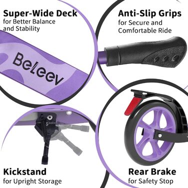 Дитячий самокат Beeliv Roller Kinder з великим колесом 230 мм, LED-підсвітка, регульована висота, ремінь, складаний, для дітей, підлітків, дорослих (фіолетовий)