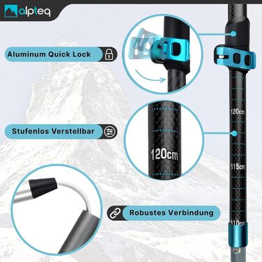 Тrekking-стійки Alpteq®: карбонові або алюмінієві, з пробковим руків'ям | Для гірського туризму, Nordic Walking | Легкі, телескопічні, 110-130 см | Blue Teal