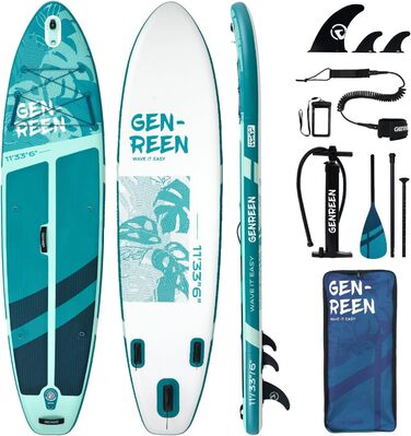 Надувне SUP-борд GENREEN (Extra Groß) для всіх рівнів підготовки, 335x86 см, для дорослих, з аксесуарами, з тримачем для камери, 3 фіни, вантажопідйомність до 200 кг (Monstera blue)