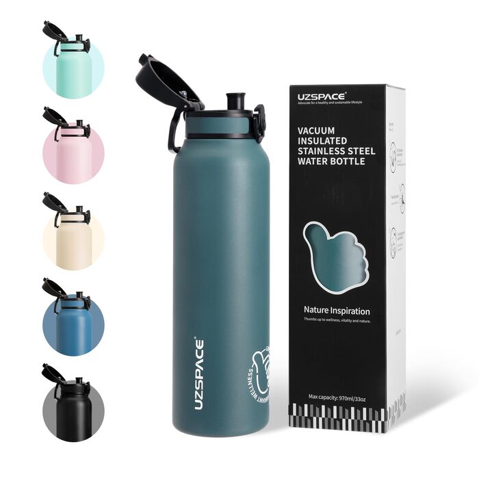 Термос-пляшка UZSPACE 1л (970мл) з нержавіючої сталі, ізольована, з 1-кліком відкриття, без витоків, для спорту, фітнесу, туризму, зеленого кольору