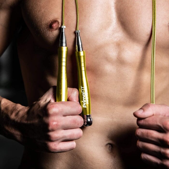 Скакалка PrimaFIT для дорослих: професійна, з регулюванням, з вагою, 3м, 2 підшипники, антиковзні ручки, для боксу, MMA, кросфіту, сталеве тросик, сумка (золота)