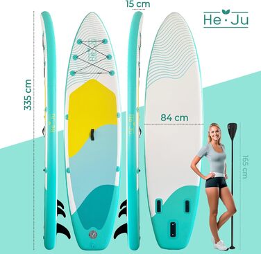 Надувна SUP дошка He-Ju 335x84x15 см для початківців та досвідчених, водонепроникна, з комплектом аксесуарів, м'ятна