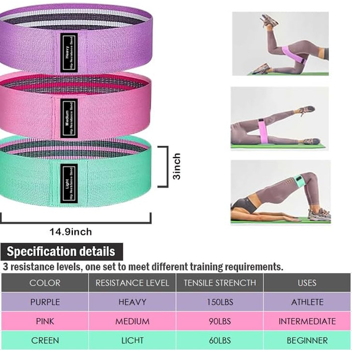 Стрічки опору для фітнесу: набір для тренувань сідниць та тіла (зелений/рожевий/фіолетовий)