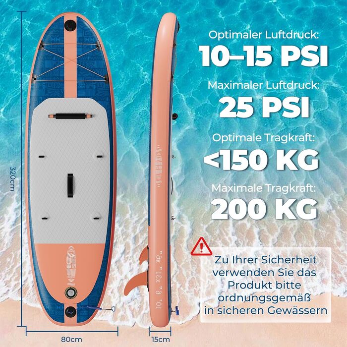 Надувний SUP борд Devoko 320x80x15 см з аксесуарами, 2-в-1 (сапборд + каяк), для серфінгу, риболовлі, йоги (блакитно-помаранчевий)