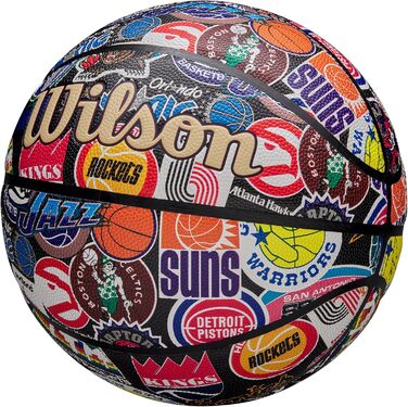 М'яч для баскетболу Wilson NBA All Team Retro, розмір 7. Ретро дизайн, технологія Dual Depth, поверхня Pure Feel, покращена повітряна утримання, класичні логотипи Hardwood.