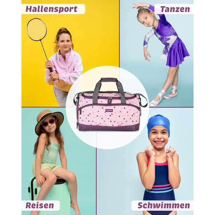 Дитяча спортивна сумка Kinder Sporttasche 25 л для дівчаток - рожево-фіолетовий принт, з відділенням для взуття та мокрих речей, регульований плечовий ремінь