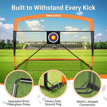 Ворота для футболу Dimples Excel Pop-Up – розкладні для дітей | 1 або 2 шт. у розмірах 120x90 / 152x110 / 213x152 см | 3 кольори на вибір | Опційно з м'ячем, насосом, фігурками та мішенню | Для саду та як подарунок (2-152x110 Оранжевий+Аксесуари)