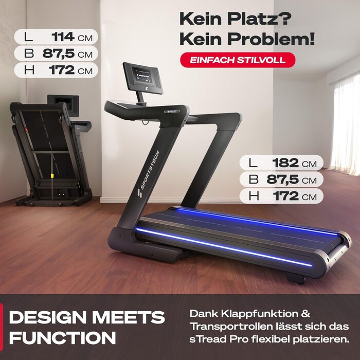 Біговий тренажер Sportstech sTread Pro/Lite – складаний, до 20 км/год, нахил 12%, вантажопідйомність 150 кг, LED-дисплей, сумісність з додатком, тихий 7PS двигун, велика бігова поверхня (sTread Pro 10.1')