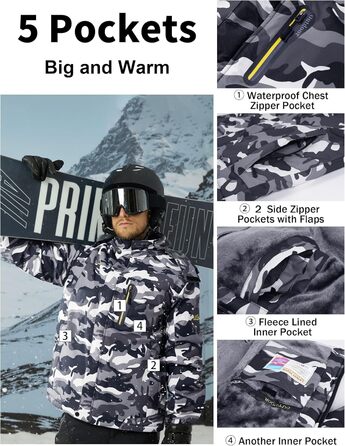 Чоловіча зимова флісова куртка MAGCOMSEN з підкладкою, для катання на лижах, Outdoor, вітронепроникна, водонепроникна, тепла, функціональна куртка з капюшоном для походів та кемпінгу (Чорний-Камуфляж, L)