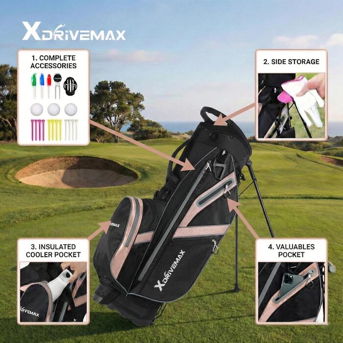 Сумка для гольфу, легка сумка на штативі з 8 відділеннями для чоловіків та жінок, преміум сумка для гольфу з дощовим чохлом, кишеню-холодильник та набір аксесуарів для гольфу (рожевий)