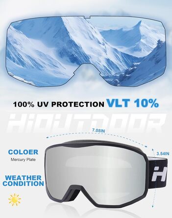 Окуляри для сноуборду та гірськолижного спорту Hioutdoor - захист 100% UV, антитуманне покриття, сумісність з шоломом, унісекс, подвійна лінза, вітрозахисні, з м'якими вставками для комфорту