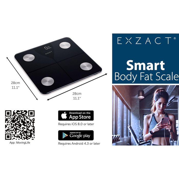 Цифрова вага для тіла та аналізу жиру Exzact з підключенням до App (iOS & Android) - Bluetooth, 180 кг, kg/st/lbs, чорний колір