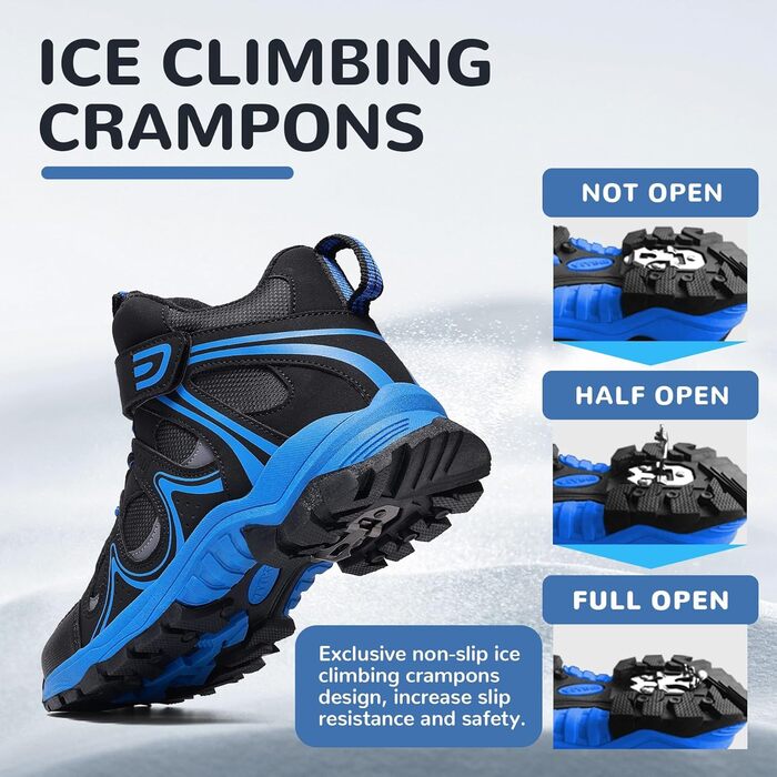 Дитячі зимові черевики ASHION для хлопчиків та дівчаток, снігоступи, утеплені трекінгові черевики, 36 EU, чорний, синій