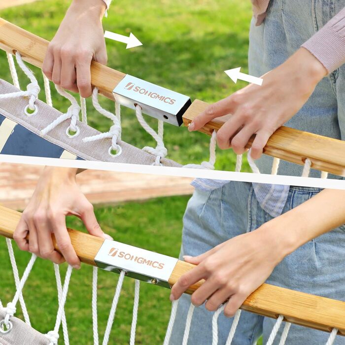 Крісло-гамак SONGMICS з подушкою, стегане, з роздільними бамбуковими дугами, з підголівником, 200 x 140 см, до 225 кг, сірий та бежевий ромбік GDC034G02