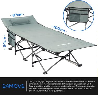 Розкладне ліжко-диван 24MOVE® для кемпінгу та відпочинку на природі, сіре, 190 x 67 x 34 см, до 150 кг