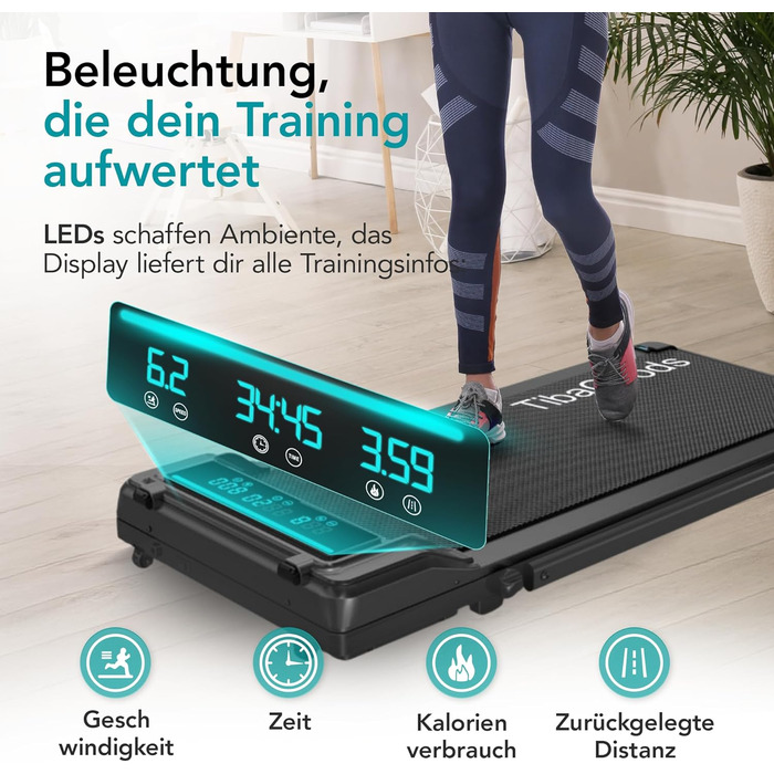 Біговий тренажер TiBa для дому - Walking Pad з нахилом [3 рівня, до 6%] - біговий килимок [макс. 100 кг, макс. 6 км/год] - ідеально підходить для столу, офісу або вітальні [125x55 см]