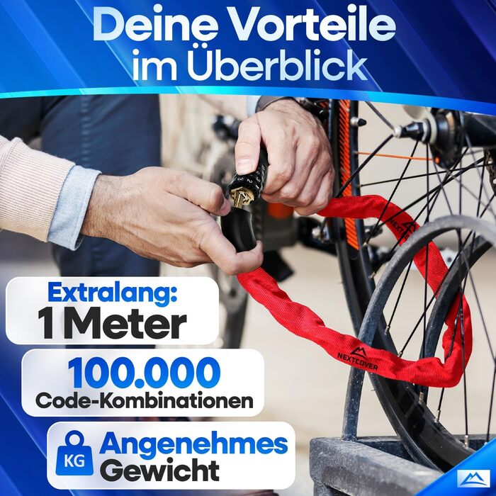 NEXTCOVER® Замок для велосипеда LockPro з кодовим замком - Оригінал - [SAFESECURE] Висока безпека | 5-значний код, сталевий замок для велосипеда, замок для електровелосипеда, ланцюговий замок, червоний