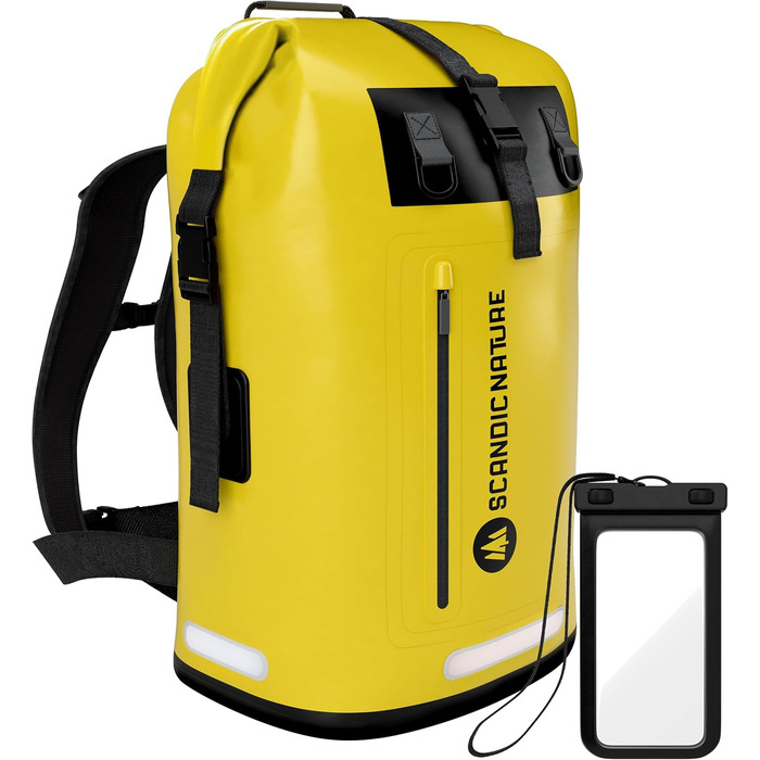 SCANDIC NATURE PIONEER: Водонепроникний рюкзак з ролтоп закриттям 35/55L, чорний, жовтий, оливково-зелений. Міцний завдяки дну з 1000D PVC тканини, водонепроникний чохол для телефону IPX8, 3 світловідбивачі.