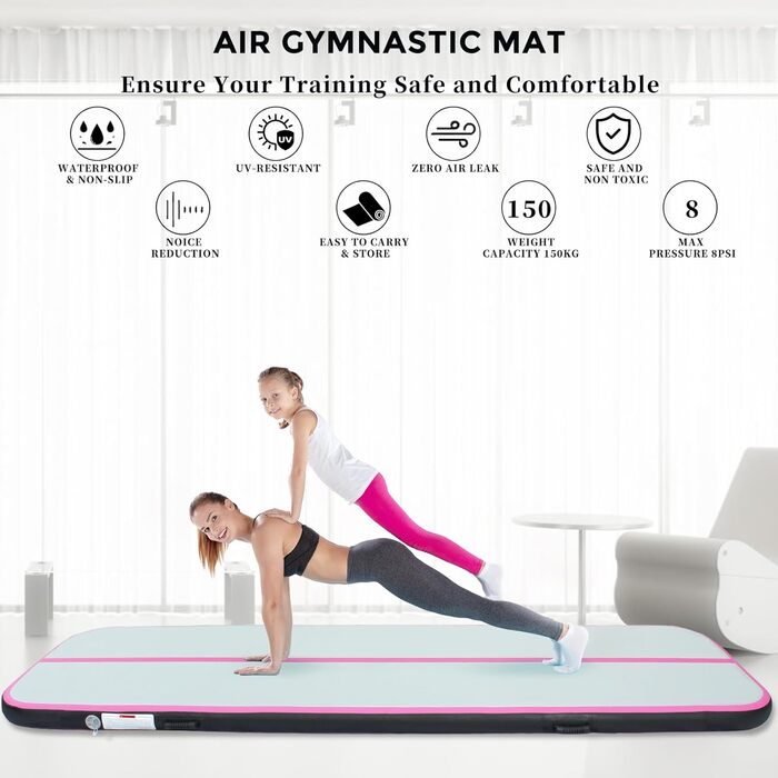 Гімнастичний надувний мат Air Matte Track 3/4/5/6 м з насосом, фітнес-мат для дому та вулиці, рожевий, 300×100×10 см