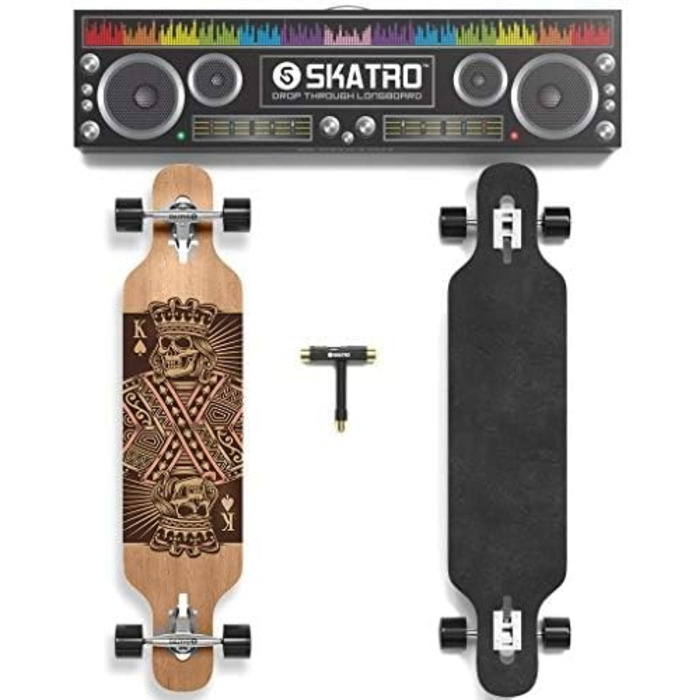 Лонгборд SKATRO Dropthrough Freeride з T-Tool Blackskull, скейтборд для фрірайду, чорний
