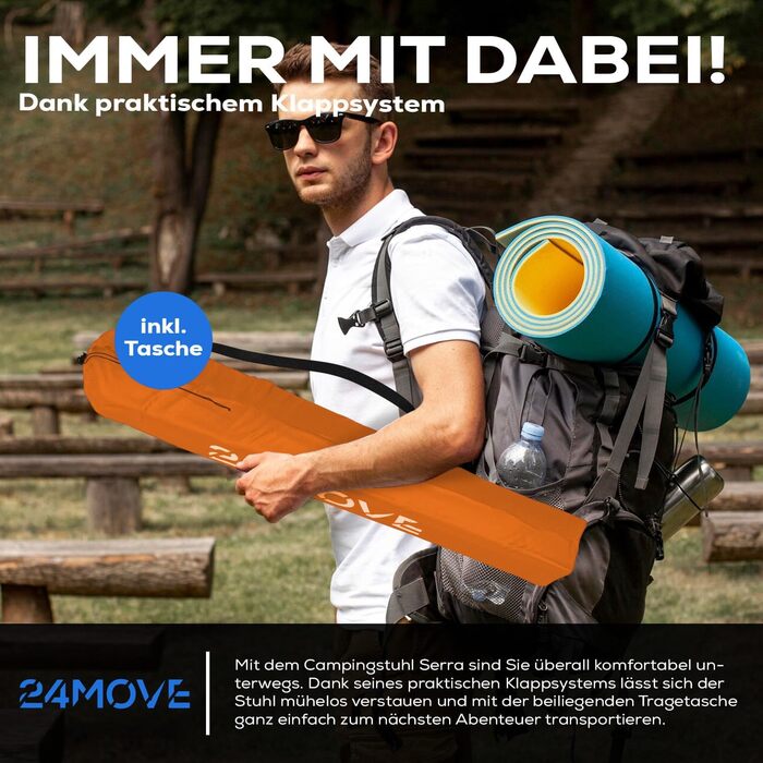 Складний стілець 24MOVE® для кемпінгу, риболовлі та відпочинку на природі з підстаканником. Зручний, компактний, з поліестеру, оранжевого кольору.