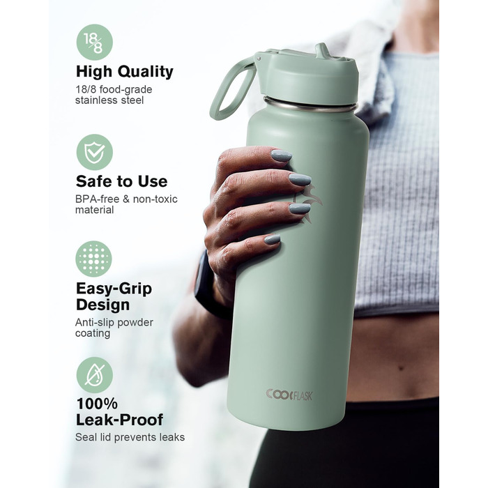 Coolflask Фляга-термос 1,2 л з соломкою, з нержавіючої сталі, 3 кришки, для спорту та офісу, зберігає холод до 48 годин, гаряче - до 24 годин, сіро-зелений колір