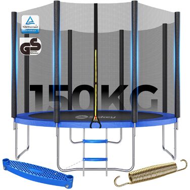 Трамплін Sekey Outdoor 244/305/366 см - сертифікований TÜV Rheinland GS, дитячий, для саду з безпечною драбиною, посиленим захисним сіткою та захисним бордюром (Блакитний, 366 см/12 футів)