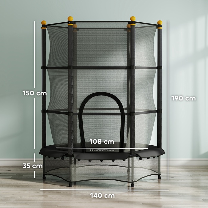 Стрибучий батут для дітей, діаметр 140 см, з сіткою безпеки, для використання в приміщенні та на вулиці, сталевий каркас, пластикове полотно, максимальне навантаження до 50 кг, чорний