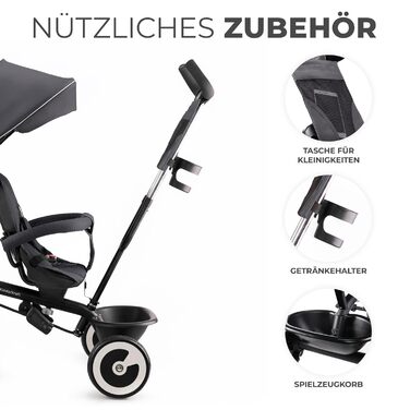 Дитячий триколісний велосипед Kinderkraft ASTON з ручкою для батьків, поворотним сидінням, сонцезахисним козирком, підсклянником і кошиком, для дітей від 9 місяців до 25 кг, сірий