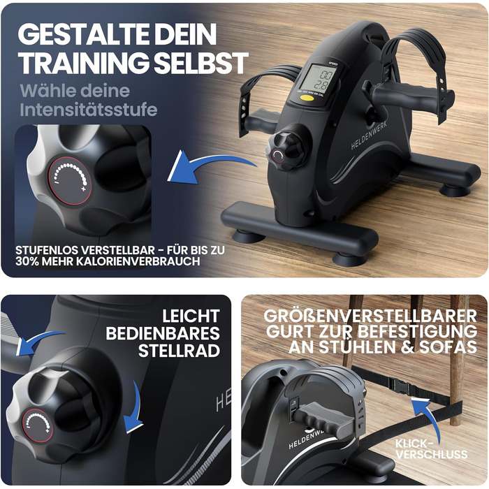 Тренажер для ніг та рук HELDENWERK Pedaltrainer Basic Set — домашній велотренажер для літніх людей та реабілітації, сертифікований TÜV/GS, з ременями та килимком