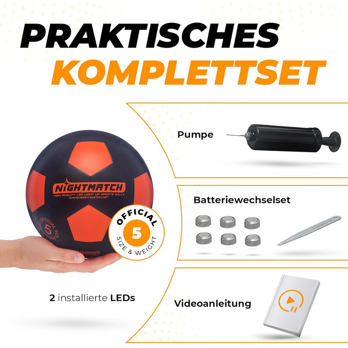 LED футбольний м'яч NIGHTMATCH, розмір 5, водостійкий, світиться для гри вночі, для дітей і дорослих, комплект з насосом і додатковими батарейками