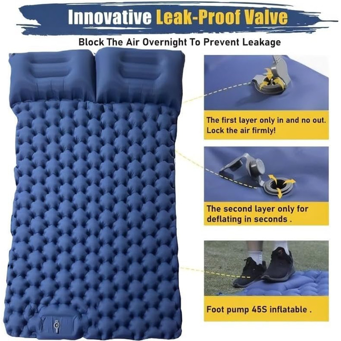 Саморозкладаюча туристична матрац-спальник для кемпінгу та відпочинку на пляжі, з педальною помпою та інтегрованим подушкам, 196x125 см, 2-місна