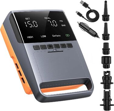 Електрична SUP-насос SUP Pumpe 13500mAh: 20 PSI, 12V DC, з автовимкненням та 6 насадками для SUP-дошок, матраців, наметів, човнів, каяків (Оранжевий)