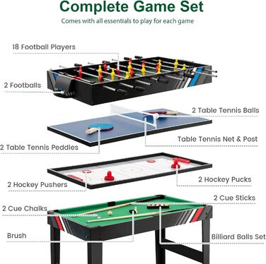 HOMASIS 4-в-1 ігровий стіл з аксесуарами: пінг-понг, хокей на повітрі, більярд, кікер. Підходить для дітей та дорослих, ідеально для барів та вечірок.