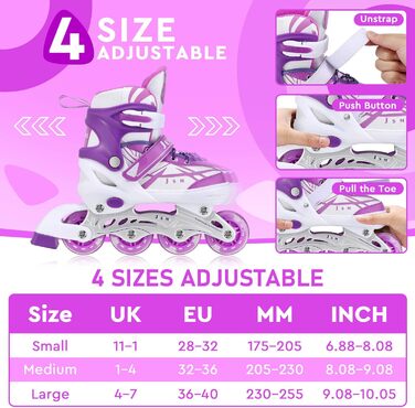 Дитячі ролики для дівчаток, регульовані, Inliner, ролики для катання в приміщенні та на вулиці, фіолетовий (EU 36-40)