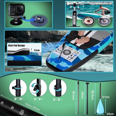 Надувний SUP-борд для веслування стоячи з каяковим сидінням, 330x76x15 см, вантажопідйомність до 150 кг, кріплення Cam, інтегрована підставка для ніг, 3 плавники, регульоване дволопатеве весло, повний комплект аксесуарів, блакитний камуфляж