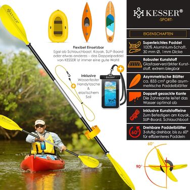 Весло KESSER® Paddle Doppelpaddel для каяка, SUP, Stand-Up Paddling Board, 228 см, алюміній, з мотузкою безпеки, чохлом для телефону, для надувних човнів (жовтий)